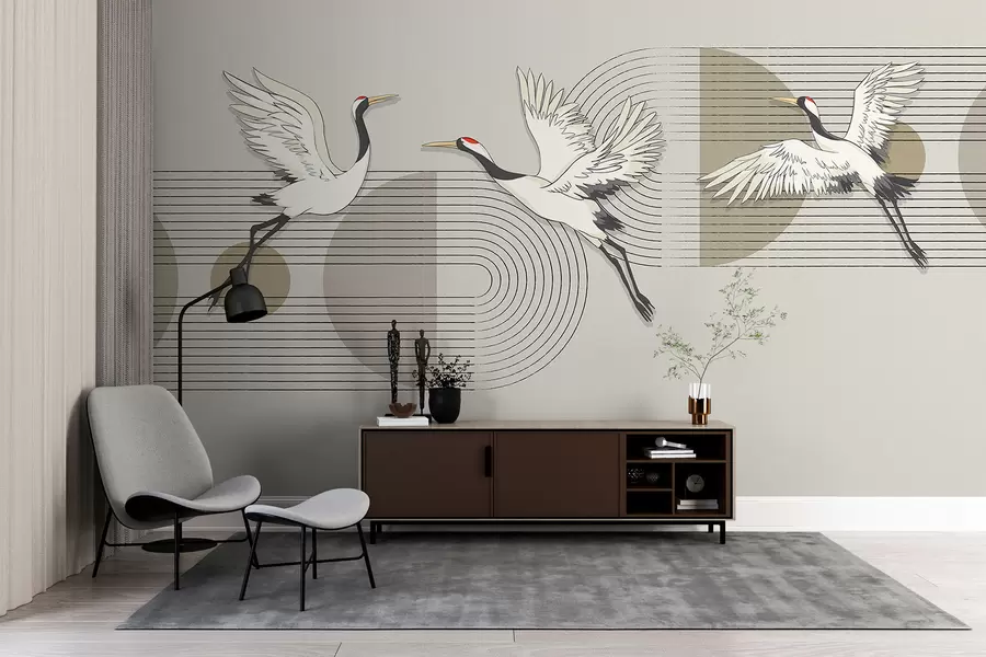 murais de parede Três guindastes brancos em voo sobre um fundo geométrico minimalista com círculos concêntricos w08188