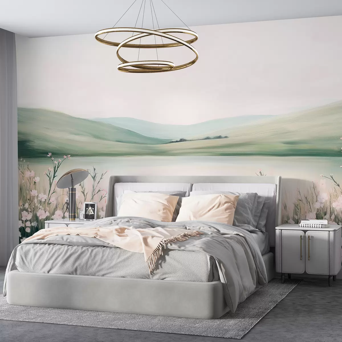 murais de parede Prado de flores, paisagem natural, lago, flores rosas, colinas verdes w01387