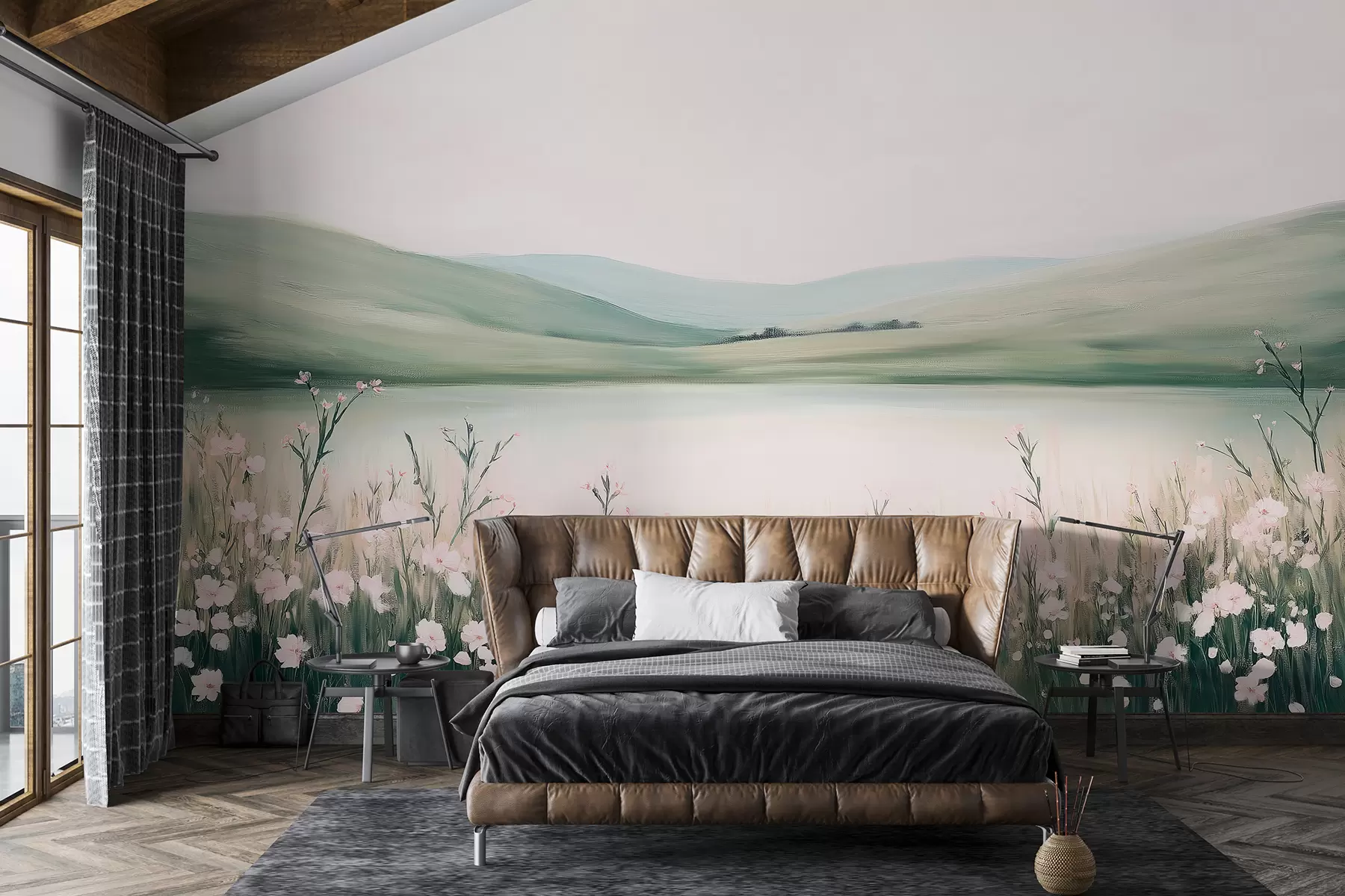 murais de parede Prado de flores, paisagem natural, lago, flores rosas, colinas verdes w01387