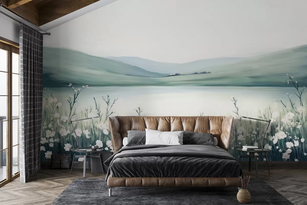 murais de parede Prado de flores, paisagem natural, lago, paleta de cores verde e azul  w01387v1