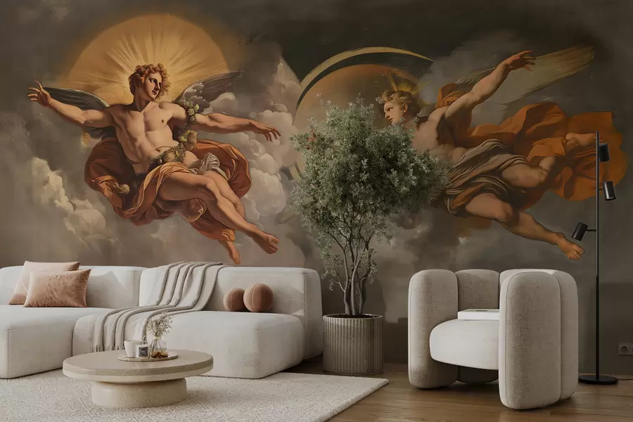 murais de parede Mural de parede no estilo de afrescos renascentistas em tons de bege e escuro. Duas figuras masculinas de deuses estendendo a mão uma para a outra w08137