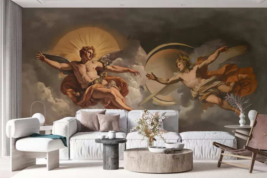 murais de parede Mural de parede no estilo de afrescos renascentistas em tons de bege e escuro. Duas figuras masculinas de deuses estendendo a mão uma para a outra w08137