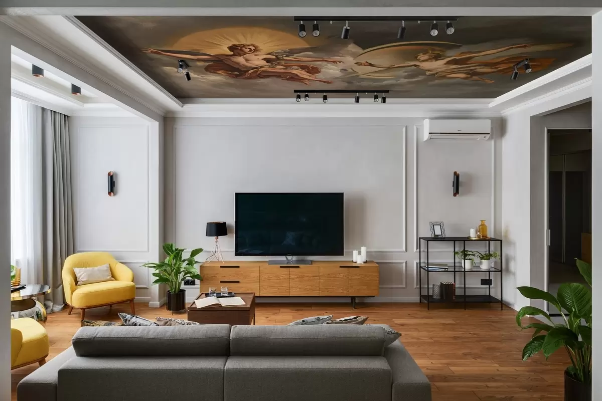 murais de parede Mural de parede no estilo de afrescos renascentistas em tons de bege e escuro. Duas figuras masculinas de deuses estendendo a mão uma para a outra. w08137