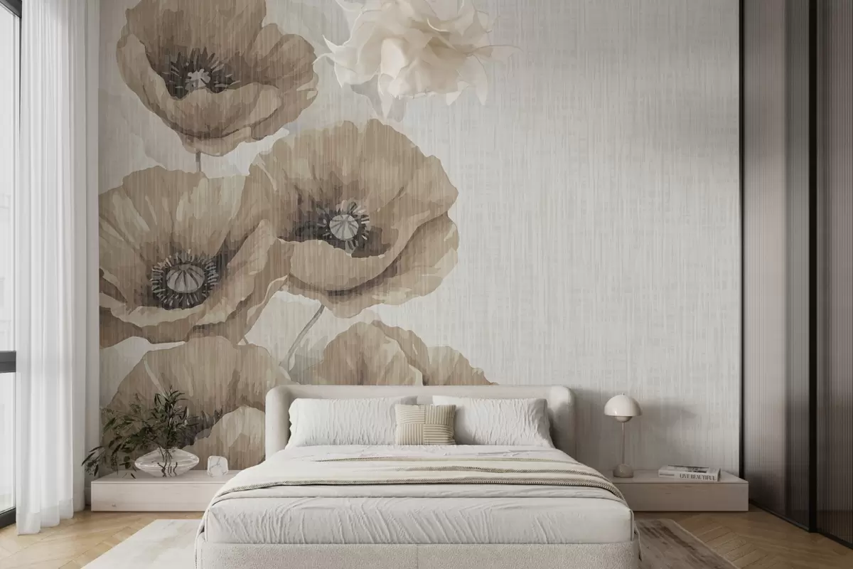 murais de parede Papoulas marrons grandes em um fundo claro w01400