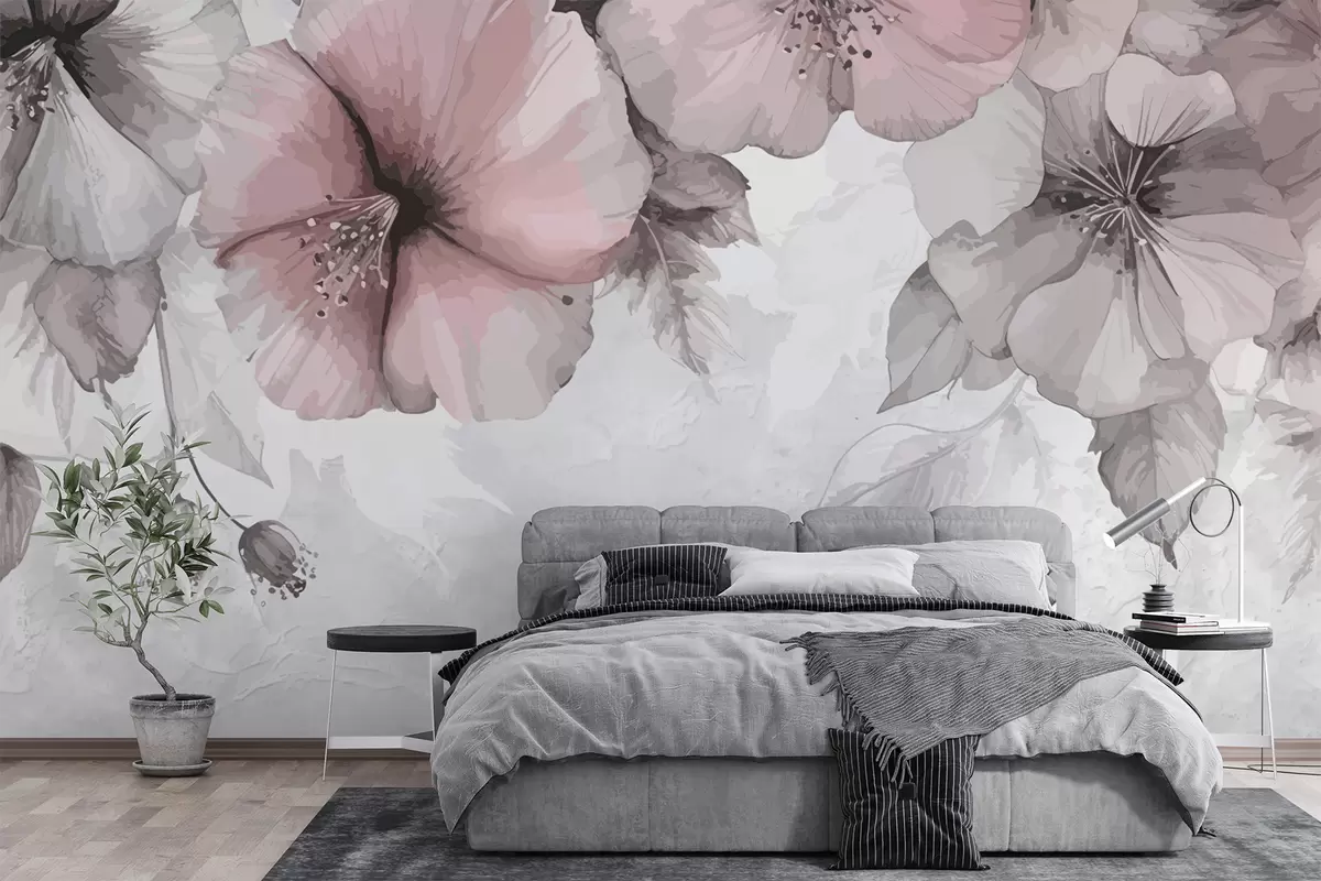 murais de parede Grandes flores cinza-rosa em um fundo de concreto w01401v1