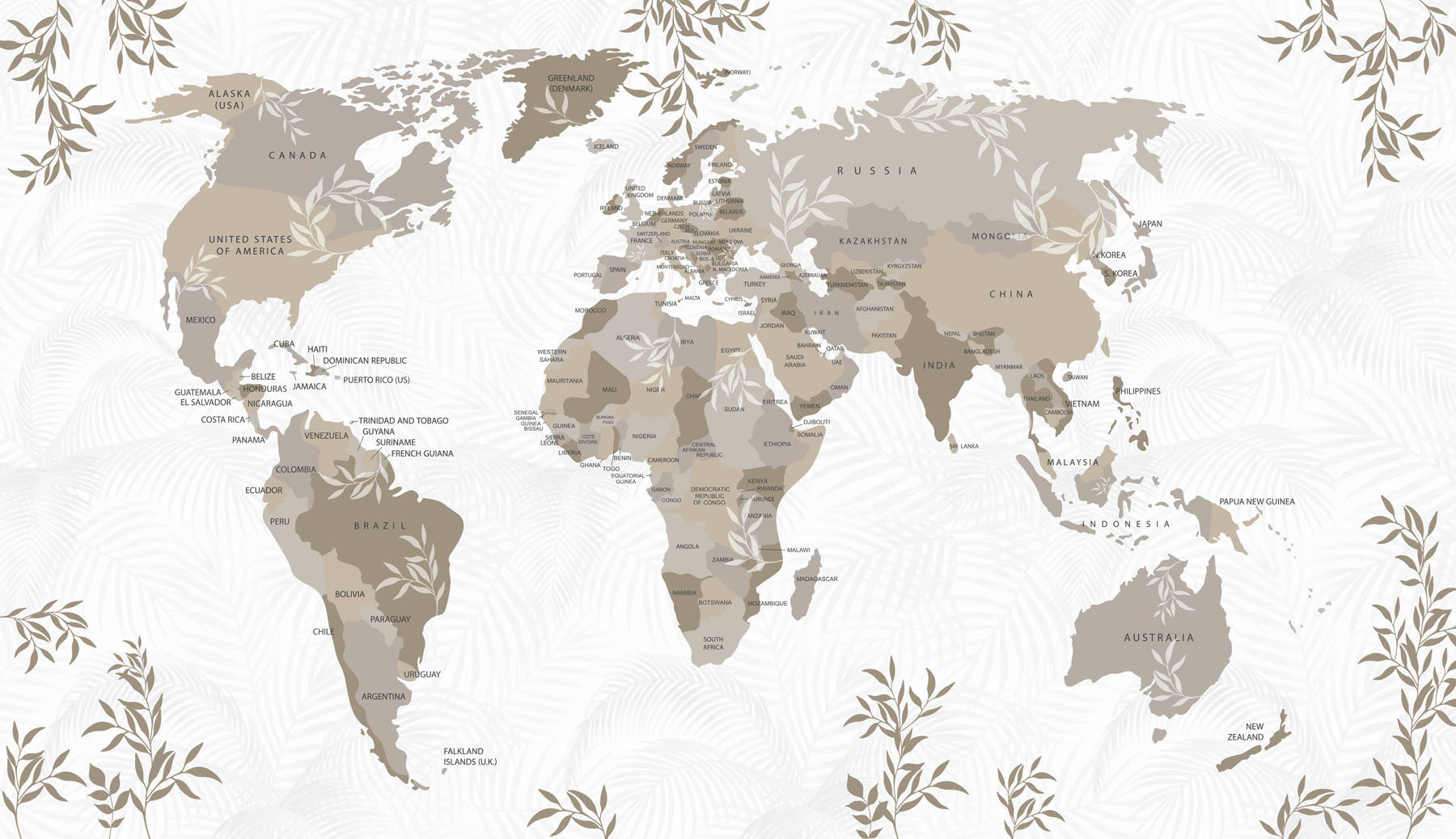 Papel de parede Mapa-múndi estiloso com folhas e plantas Nao