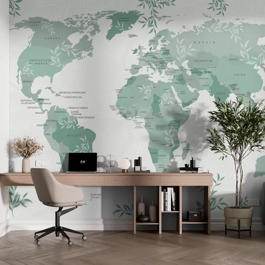 murais de parede Mapa-múndi estiloso com folhas e plantas na cor verde w08211v1