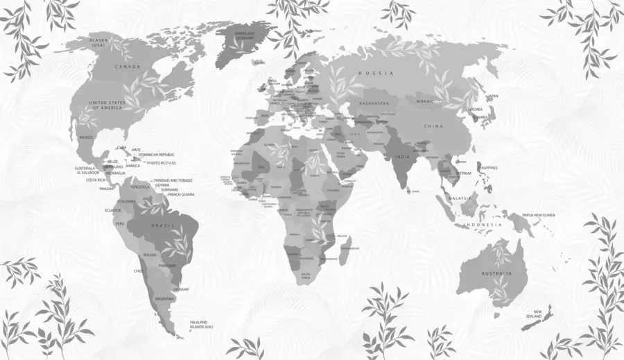 murais de parede Mapa-múndi elegante com folhas e plantas na cor cinza w08211v2
