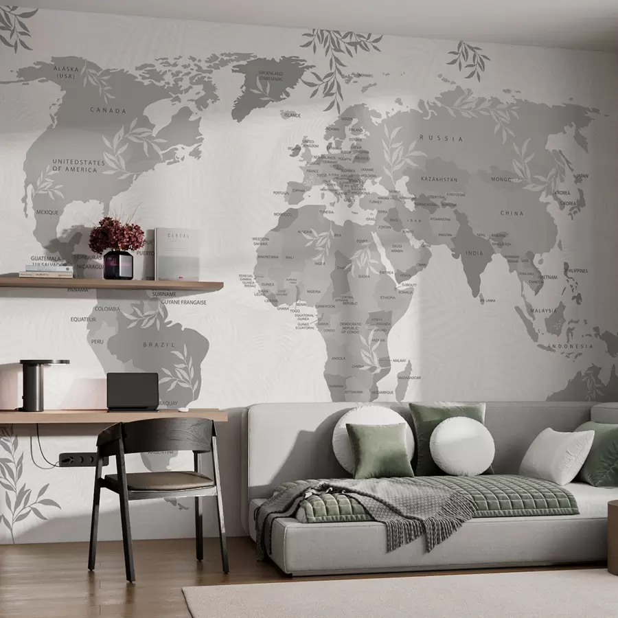 murais de parede Mapa-múndi elegante com folhas e plantas na cor cinza w08211v2