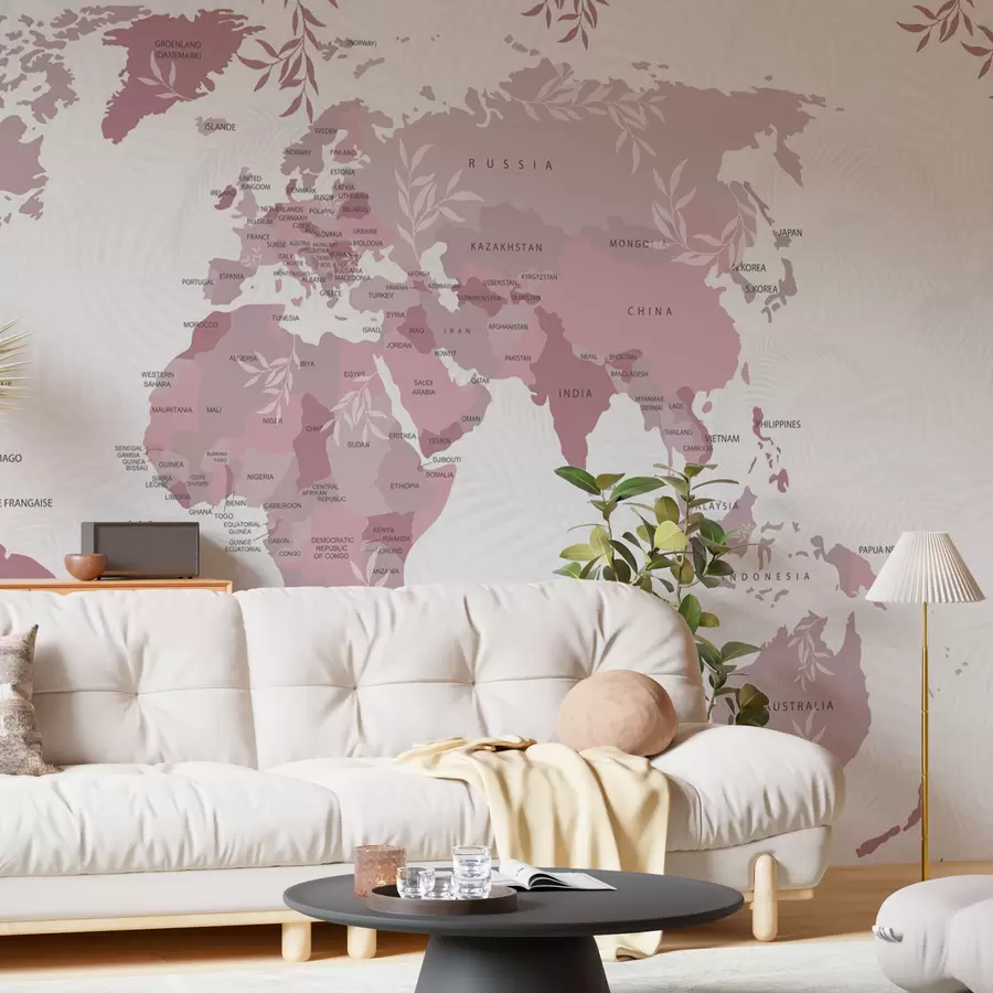 murais de parede Mapa-múndi estiloso com folhas e plantas na cor rosa w08211v3
