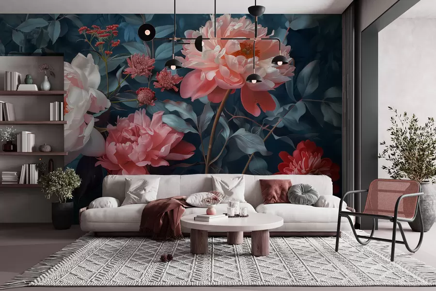 murais de parede Flores de peônia da meia-noite w01392
