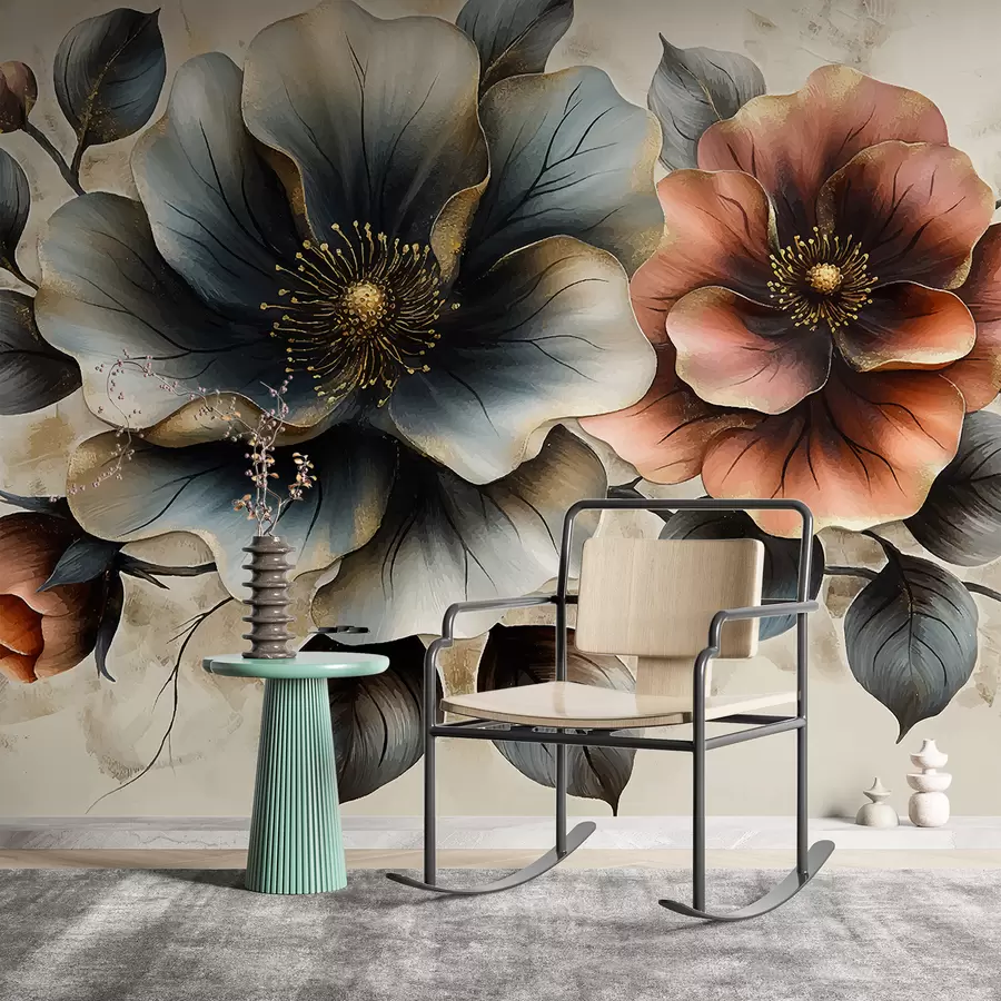 murais de parede Flores grandes, bege, preto, azul, vermelho claro w01409