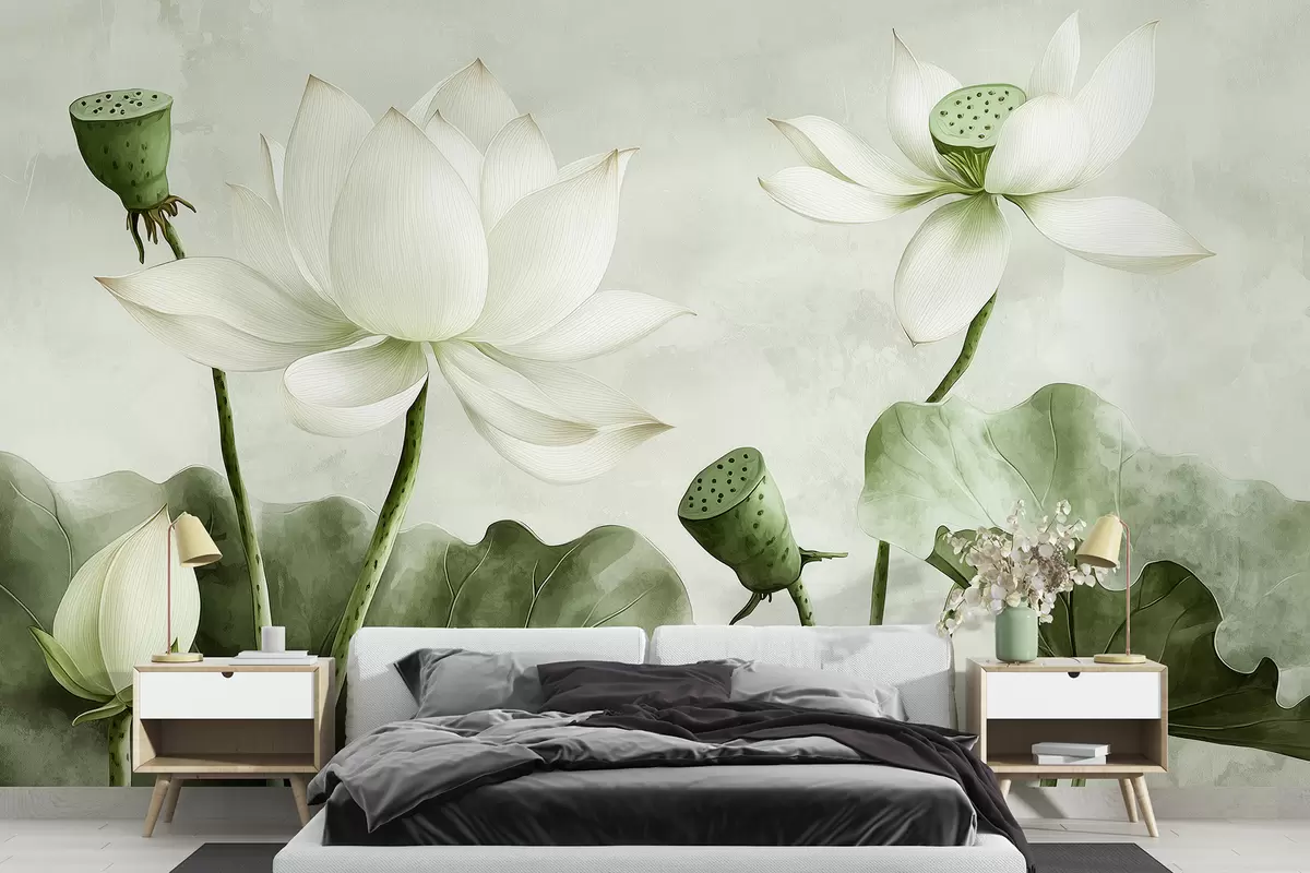 murais de parede Bleunioù lotus, dourlivadur, natur, kempenn bleunioù, delioù bras, livioù glas dous w01445v2