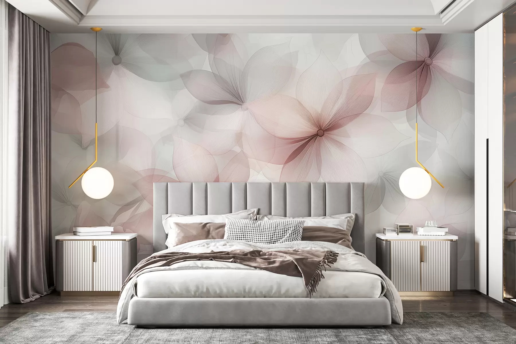 murais de parede Savadur bleunioù, livioù roz ha gris dous, patrom bleunioù w01446v1