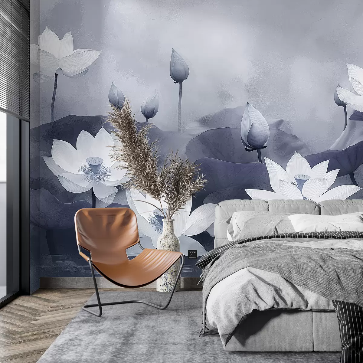 murais de parede Lotusoù el lenn, natur, brumenn, tresadennoù akrilik, delioù bras, janglenn, livioù gris dous w01450v1