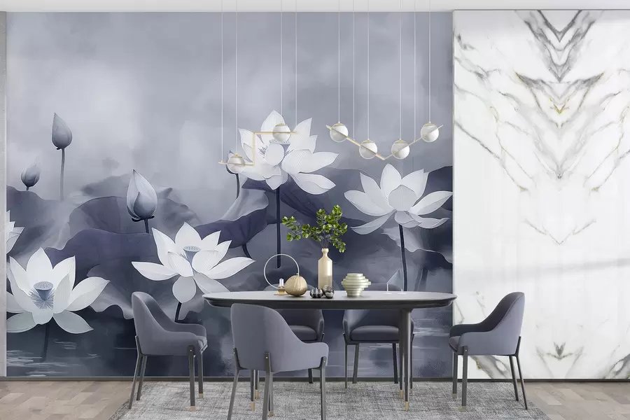 murais de parede Lotusoù el lenn, natur, brumenn, tresadennoù akrilik, delioù bras, janglenn, livioù gris dous w01450v1