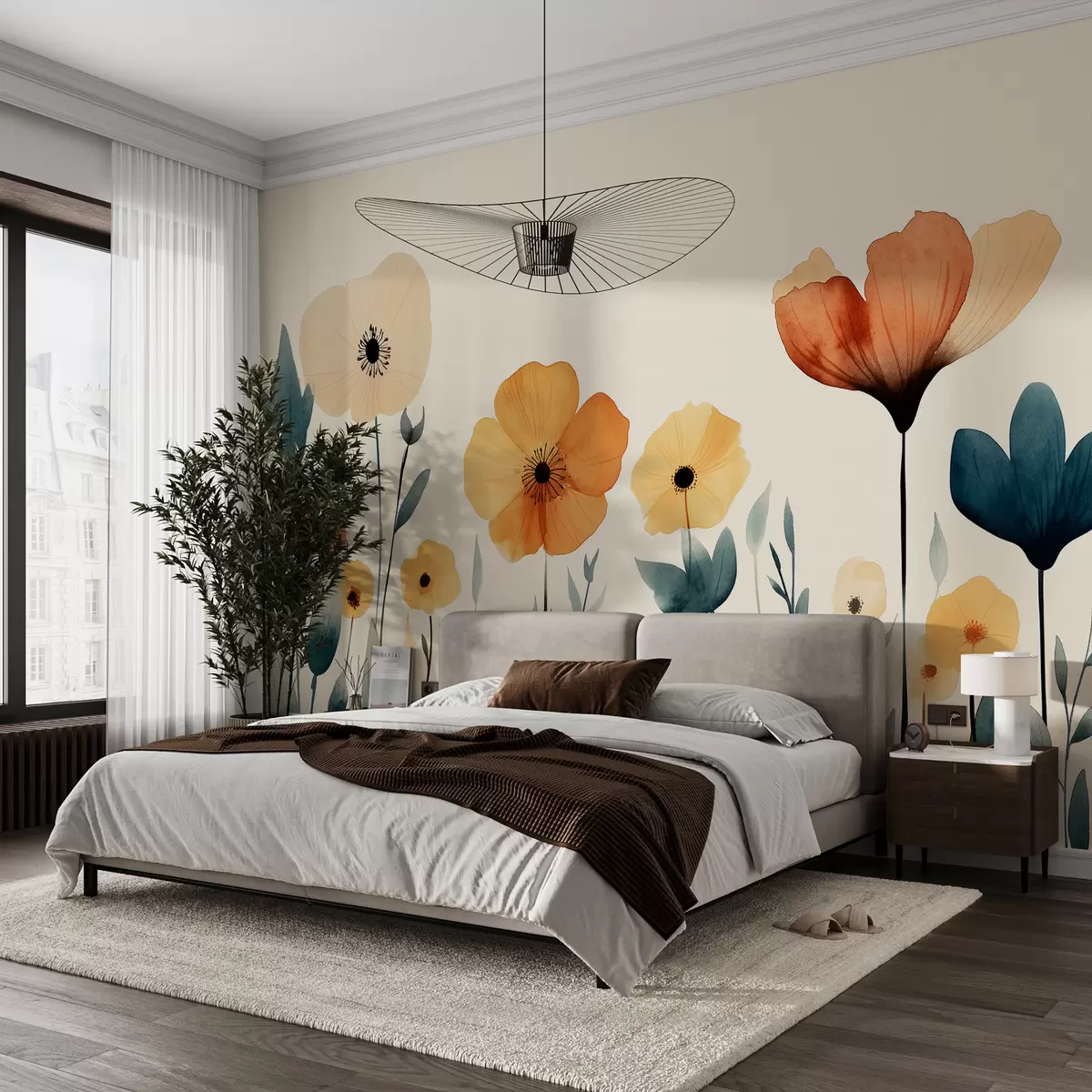 murais de parede Bleunioù ar pradoù gant dourliv, rust, kempenn bleunioù, tresadenn eeun, beige, orañjez, glas  w01453