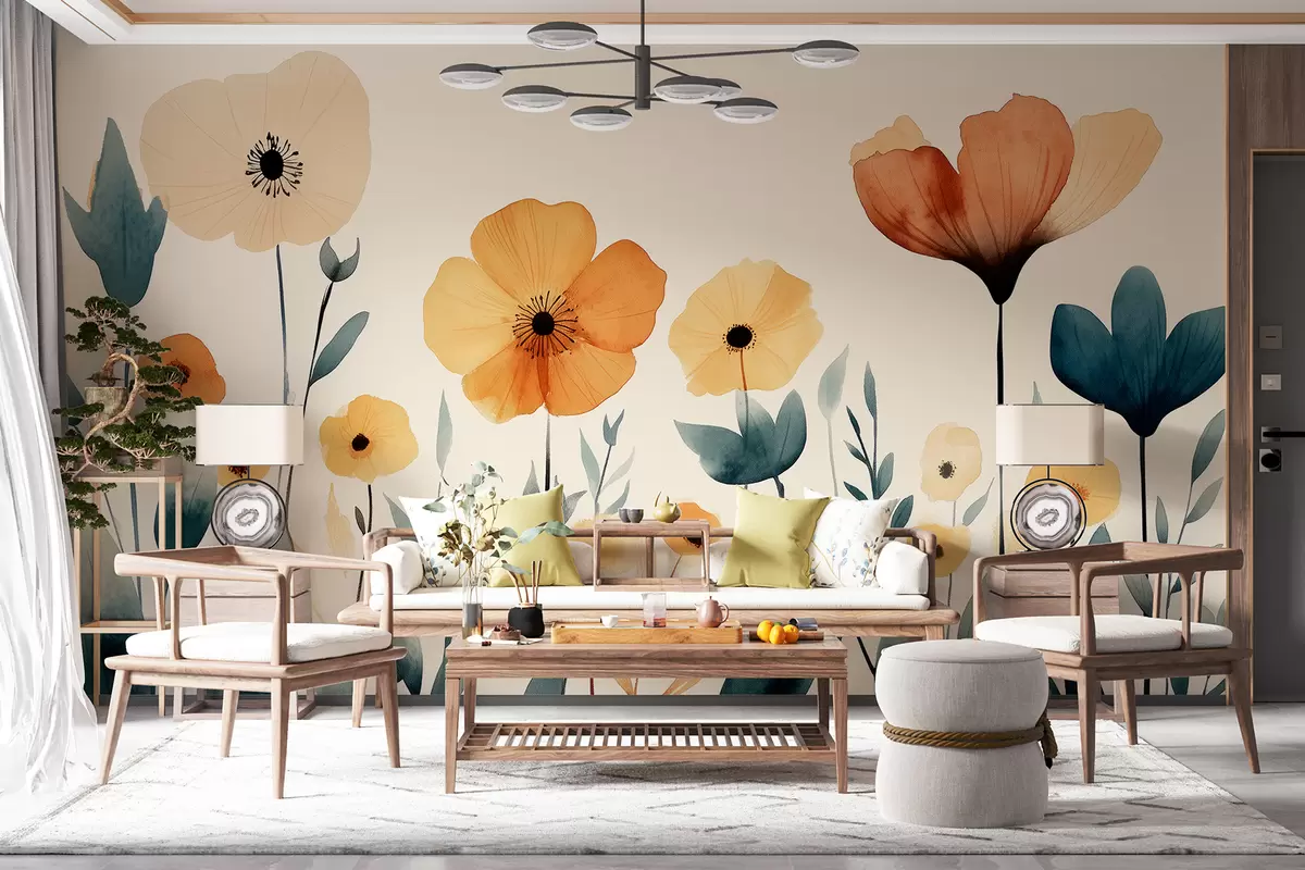 murais de parede Bleunioù ar pradoù gant dourliv, rust, kempenn bleunioù, tresadenn eeun, beige, orañjez, glas  w01453