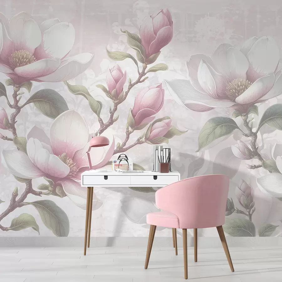 murais de parede Bleunioù magnolia roz delioù o bleuniañ war un drekleur dous ha displann w08216