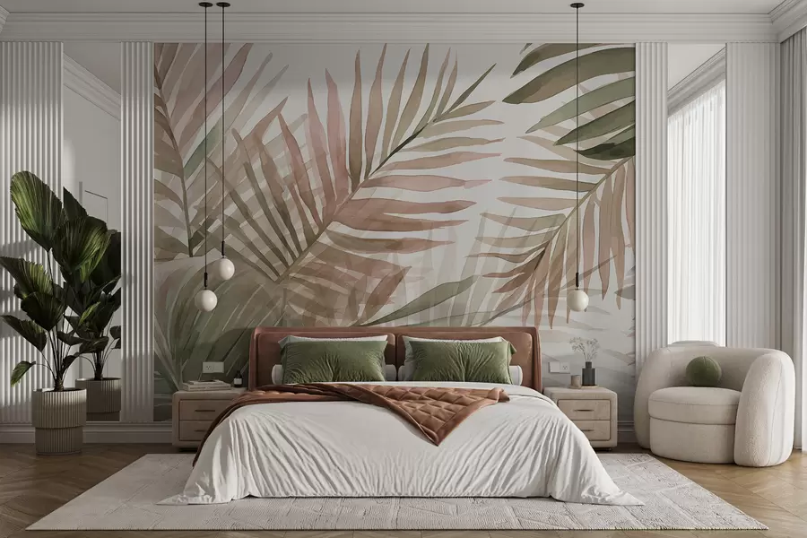 murais de parede Delioù dourliv palmez e livioù liesseurt glas ha roz war un drekleur sklaer w08218