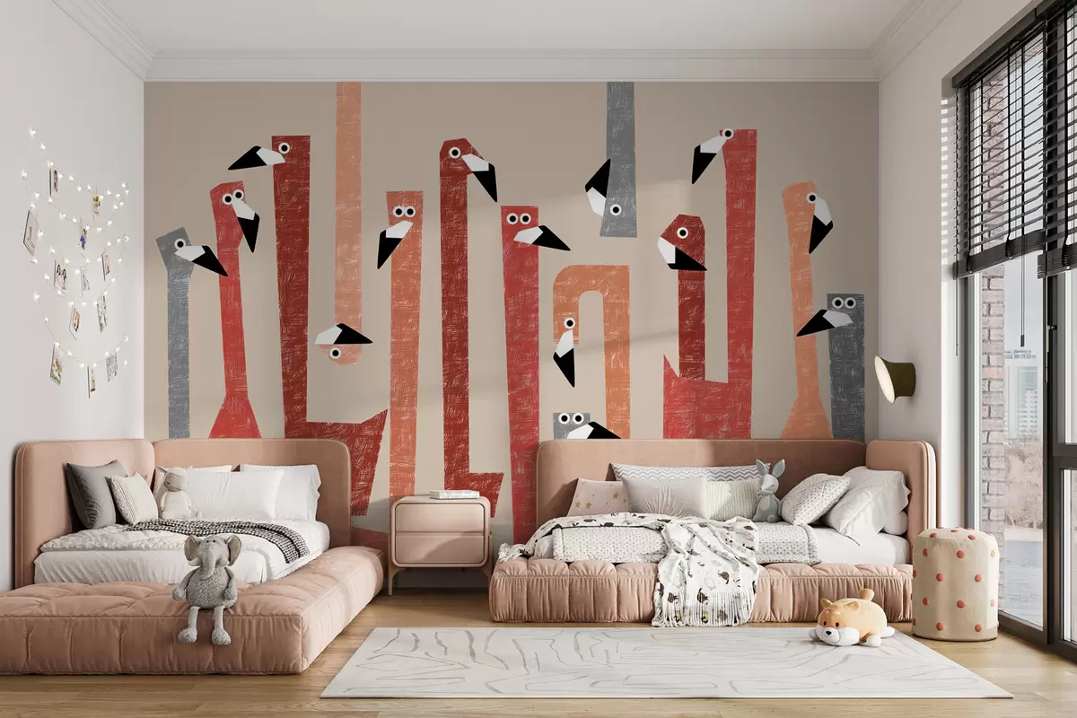 murais de parede Skeudenn flamingo lugernus, liv ruz, roz, orañjez, gris, heuliañ un tresadenn gant taolioù-arnod w01003