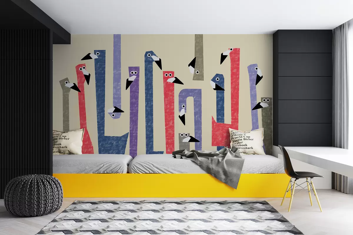 murais de parede Skeudenn flamingo lugernus, livioù ruz, roz, glas, limestra, gris, heuliañ un tresadenn gant taolioù-arnod w01003v1