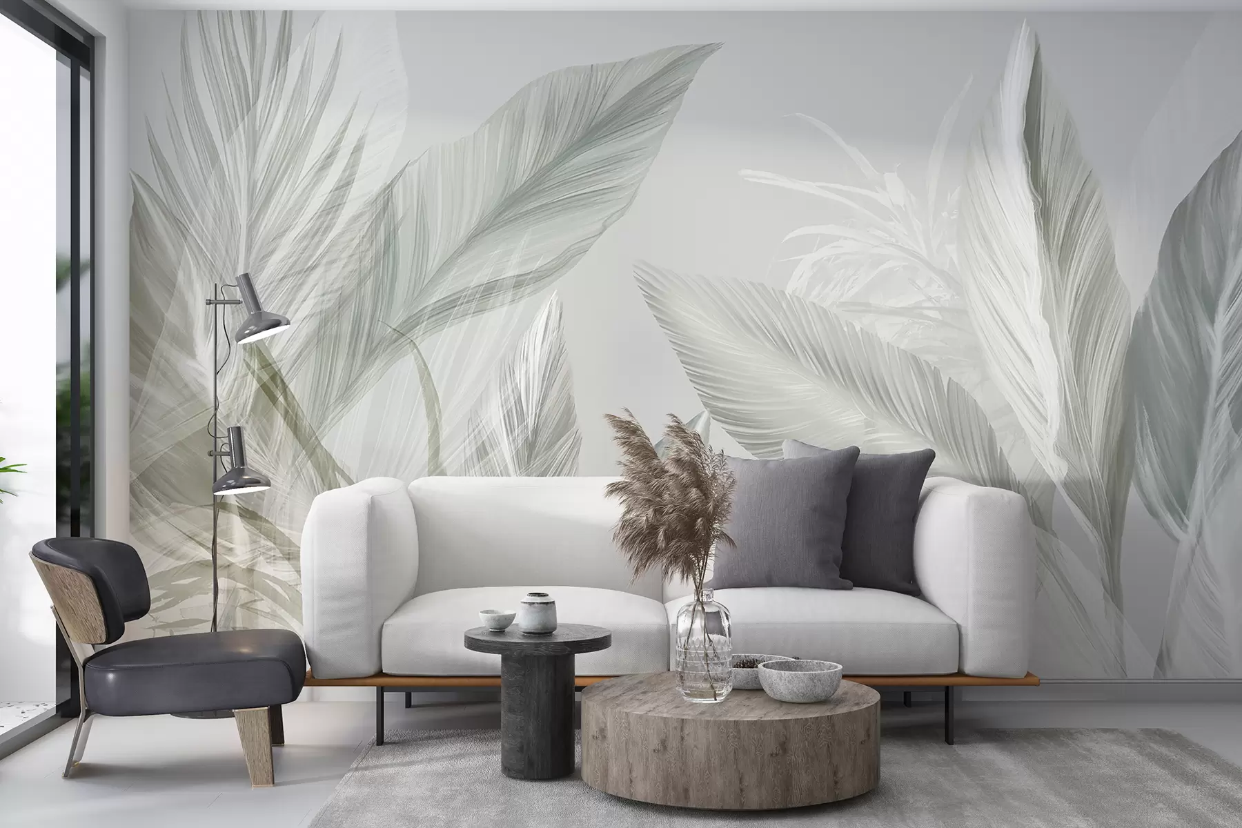 murais de parede Pluñv gwenn, glas ha gris dous ha delioù trovanel o nijal war un dremmwel sklaer w08241