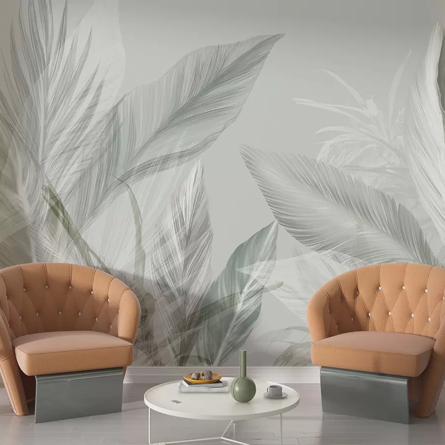 murais de parede Pluñv gwenn, glas ha gris dous ha delioù trovanel o nijal war un dremmwel sklaer w08241