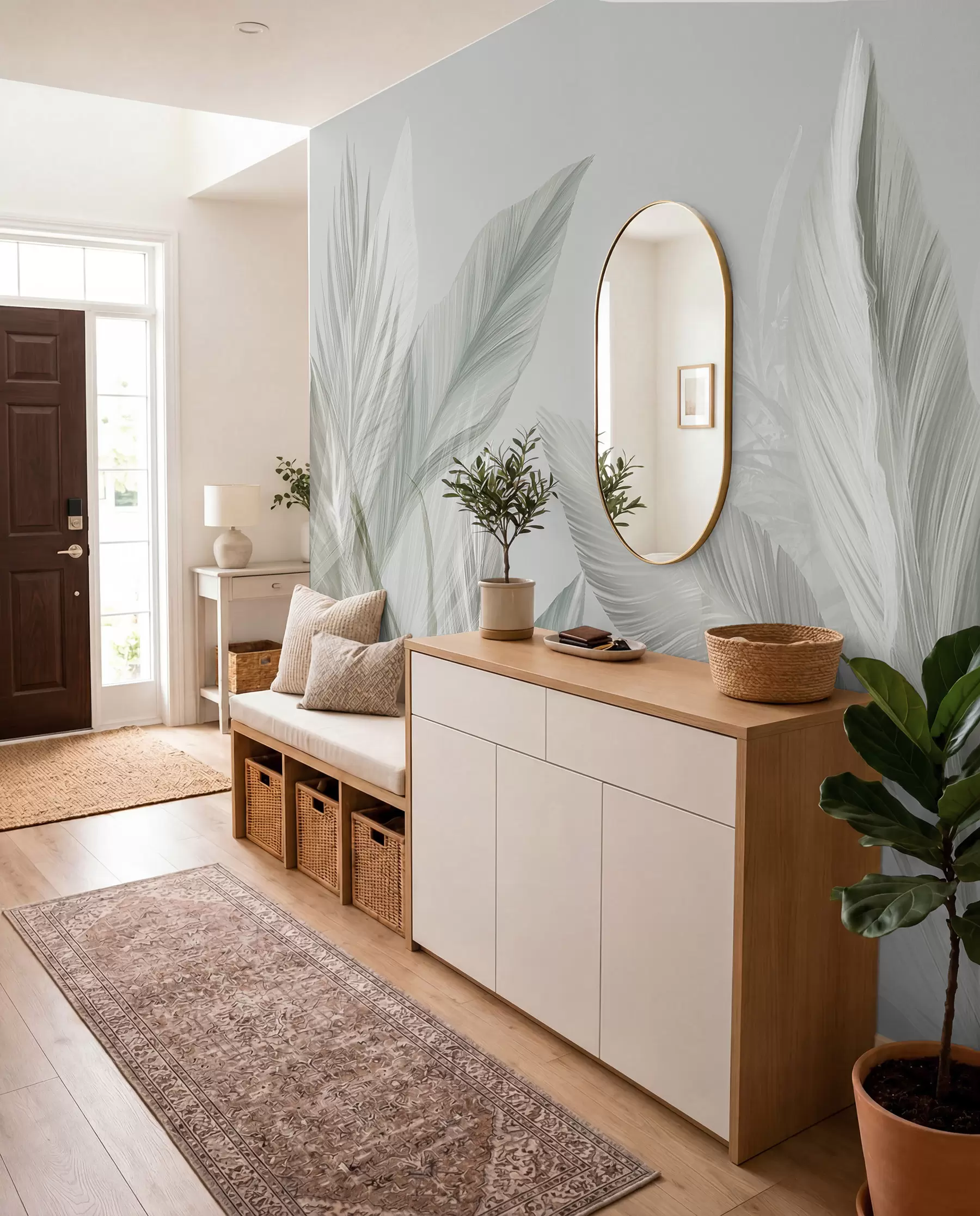 murais de parede Pluñv gwenn, glas ha gris dous ha delioù trovanel o nijal war un dremmwel sklaer w08241