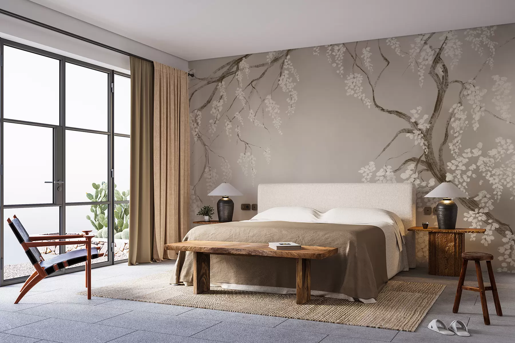 murais de parede Gwezenn-kerez gwenn delioù gant bleunioù bleunioù o vleuniañ war ar brankoù war un dremmwel beige w08243