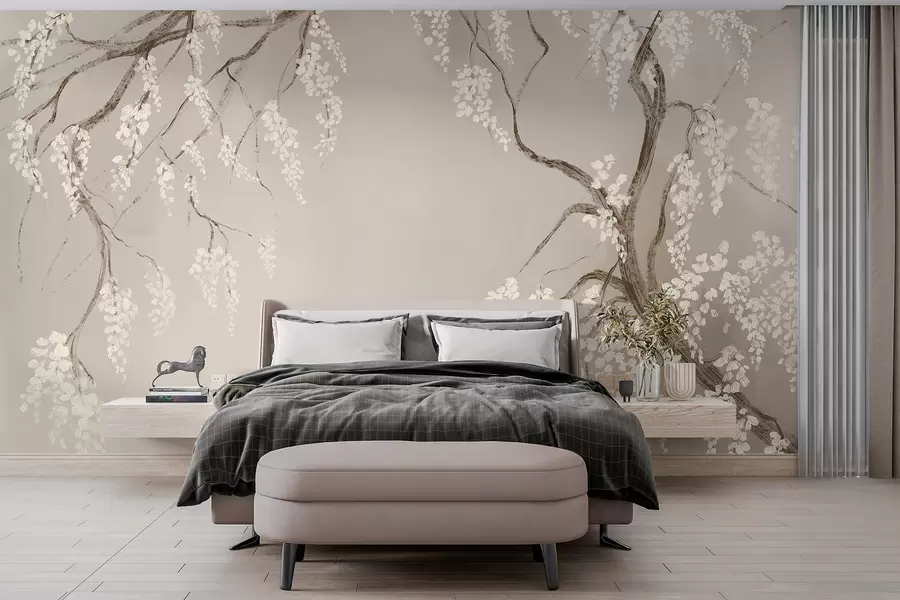 murais de parede Gwezenn-kerez gwenn delioù gant bleunioù bleunioù o vleuniañ war ar brankoù war un dremmwel beige w08243