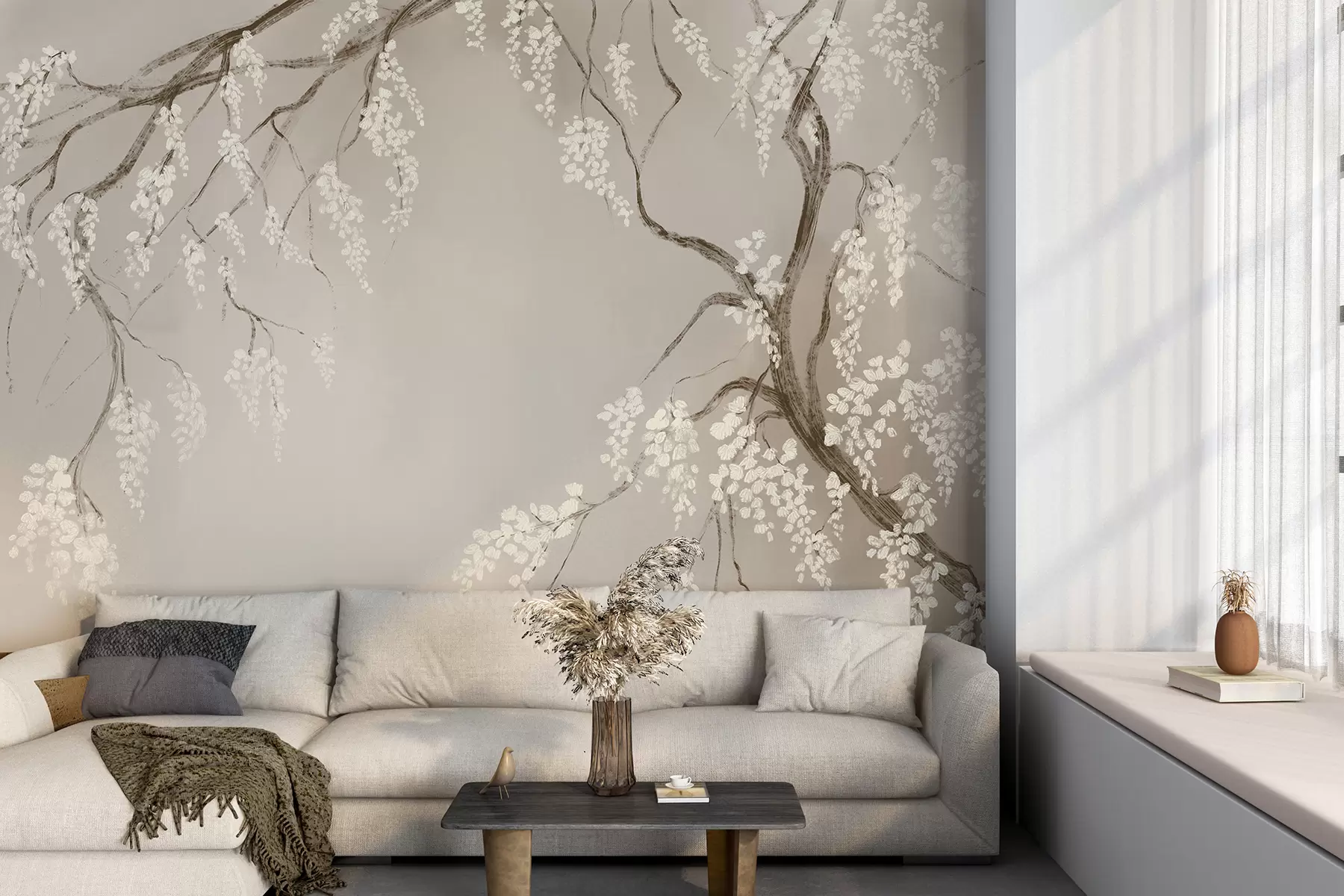 murais de parede Gwezenn-kerez gwenn delioù gant bleunioù bleunioù o vleuniañ war ar brankoù war un dremmwel beige w08243