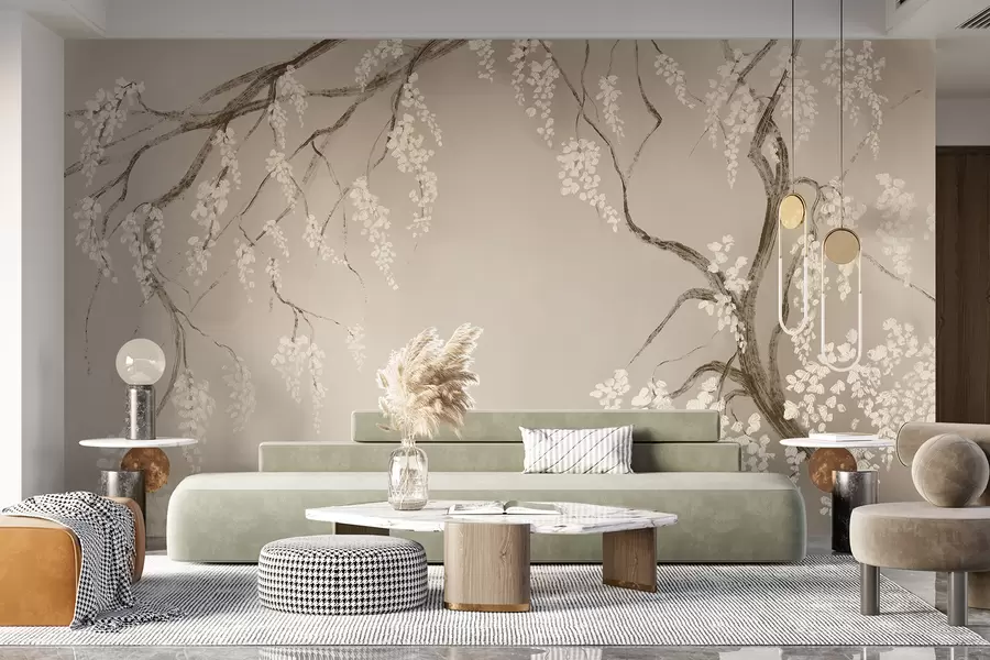 murais de parede Gwezenn-kerez gwenn delioù gant bleunioù bleunioù o vleuniañ war ar brankoù war un dremmwel beige w08243