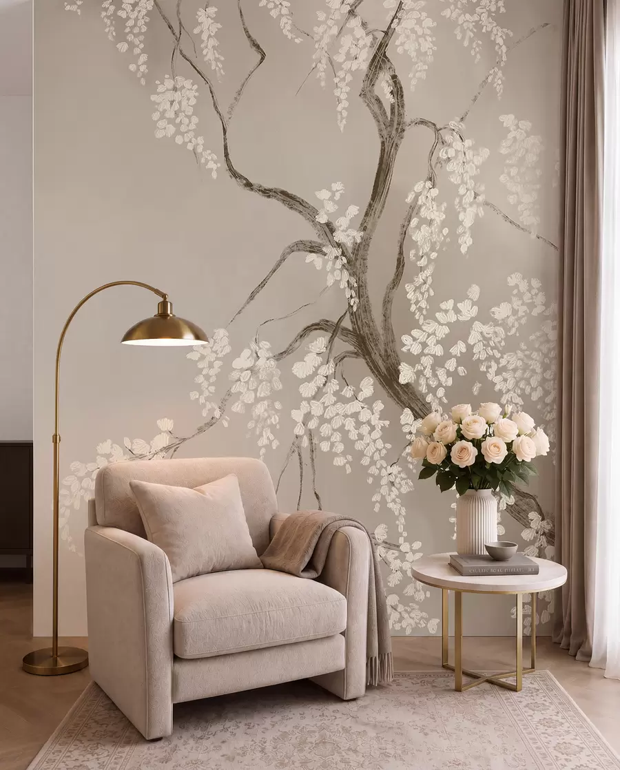 murais de parede Gwezenn-kerez gwenn delioù gant bleunioù bleunioù o vleuniañ war ar brankoù war un dremmwel beige w08243
