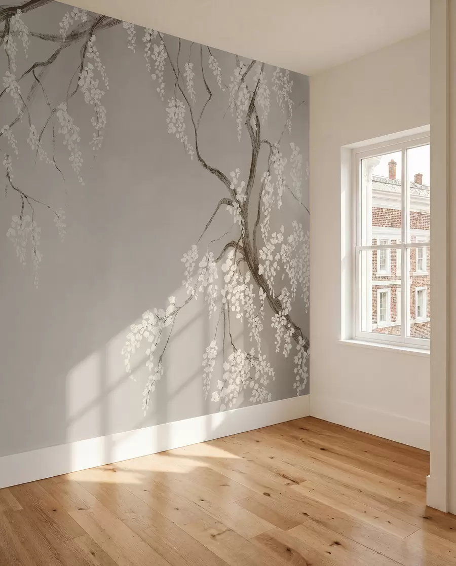 murais de parede Gwezenn-kerez gwenn delioù gant bleunioù bleunioù o vleuniañ war ar brankoù war un dremmwel beige w08243