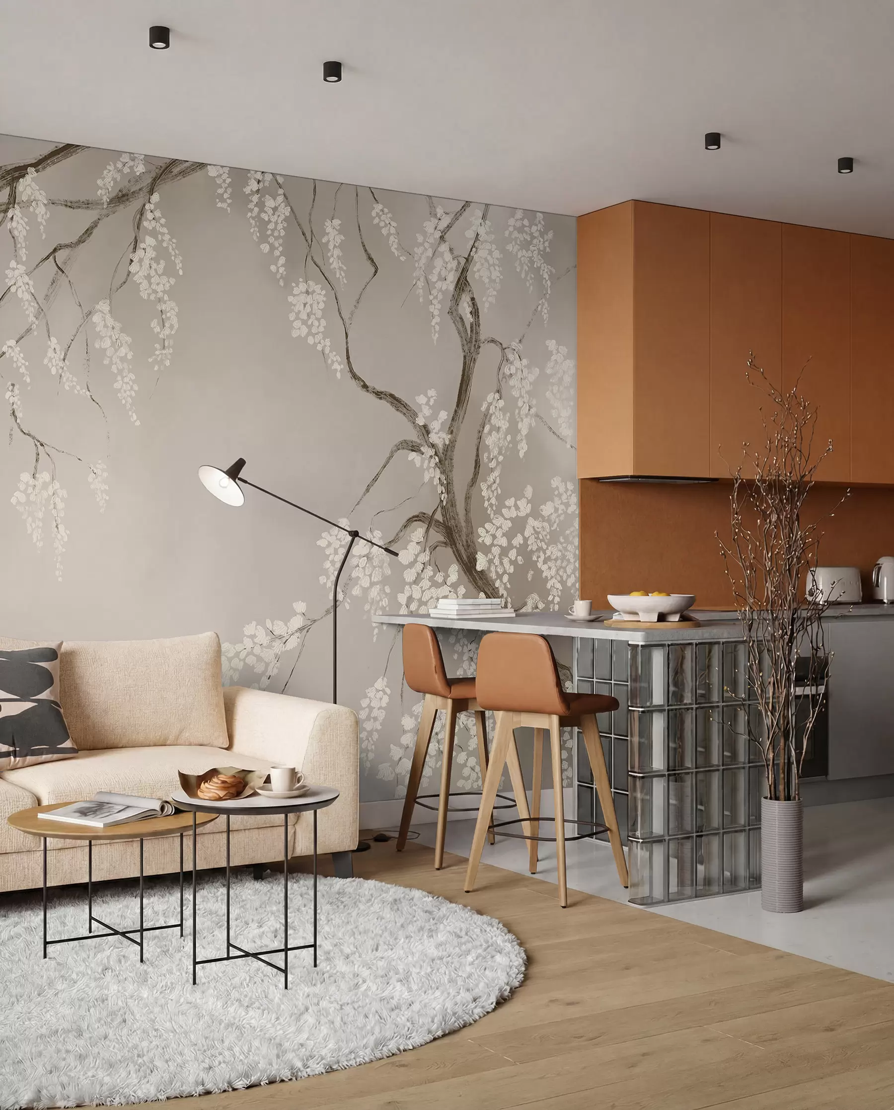 murais de parede Gwezenn-kerez gwenn delioù gant bleunioù bleunioù o vleuniañ war ar brankoù war un dremmwel beige w08243