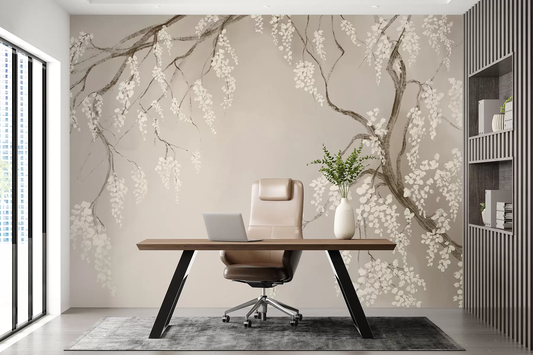 murais de parede Gwezenn-kerez gwenn delioù gant bleunioù bleunioù o vleuniañ war ar brankoù war un dremmwel beige w08243