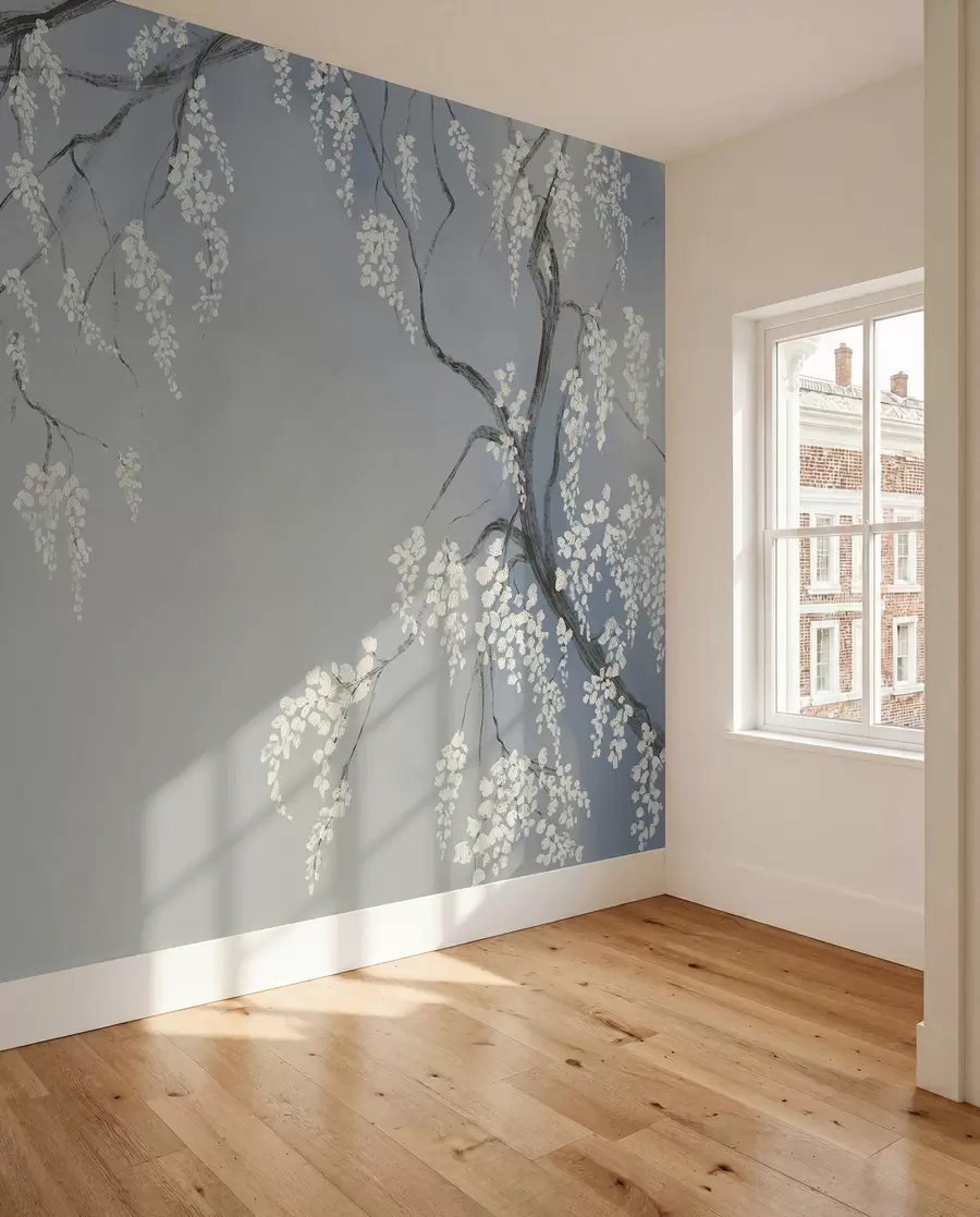 murais de parede Gwezenn-kerez wenn delioù gant bleunioù bleunioù o vleuniañ war ar brankoù war un dremmwel glas w08243v1