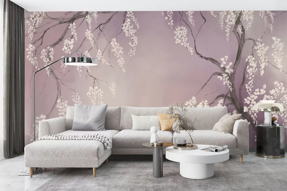 murais de parede Gwezenn-kerez wenn delioù gant bleunioù bleunioù o vleuniañ war ar brankoù war un dremmwel roz w08243v2