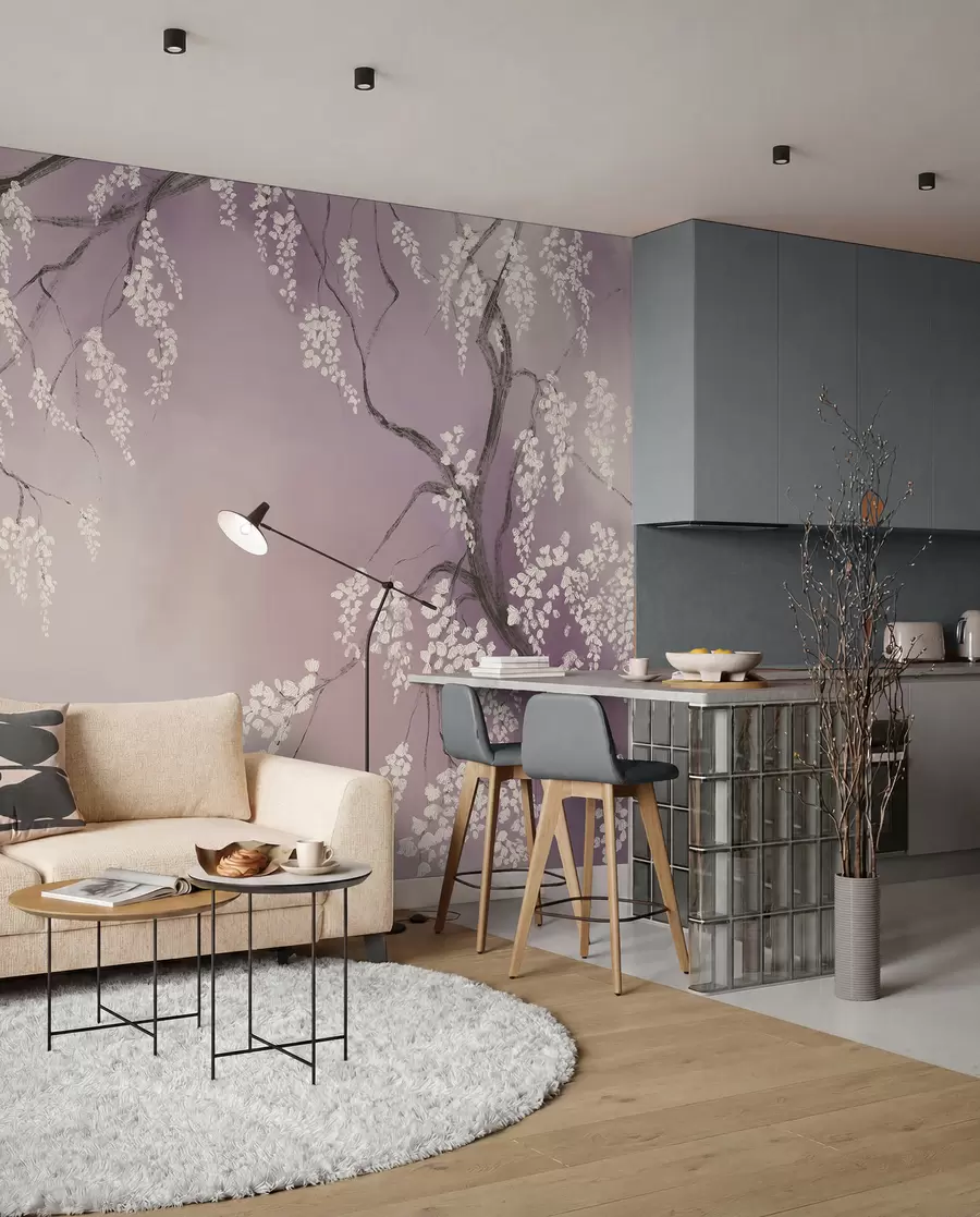 murais de parede Gwezenn-kerez wenn delioù gant bleunioù bleunioù o vleuniañ war ar brankoù war un dremmwel roz w08243v2