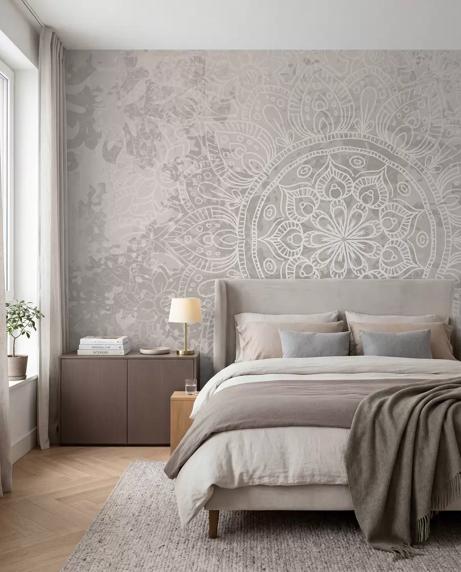 murais de parede Ur patrom mandala gwenn resis war un drekleur kozh gris-sklaer w08246