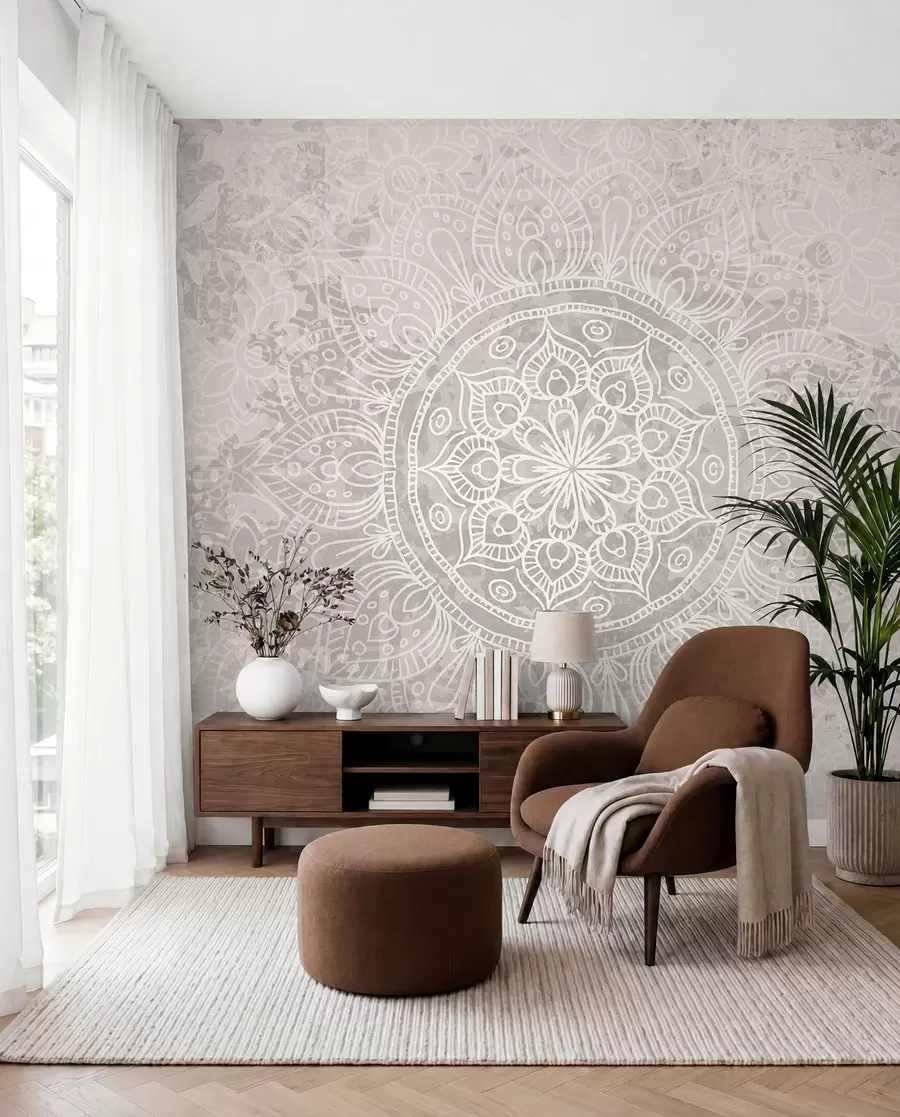 murais de parede Ur patrom mandala gwenn resis war un drekleur kozh gris-sklaer w08246