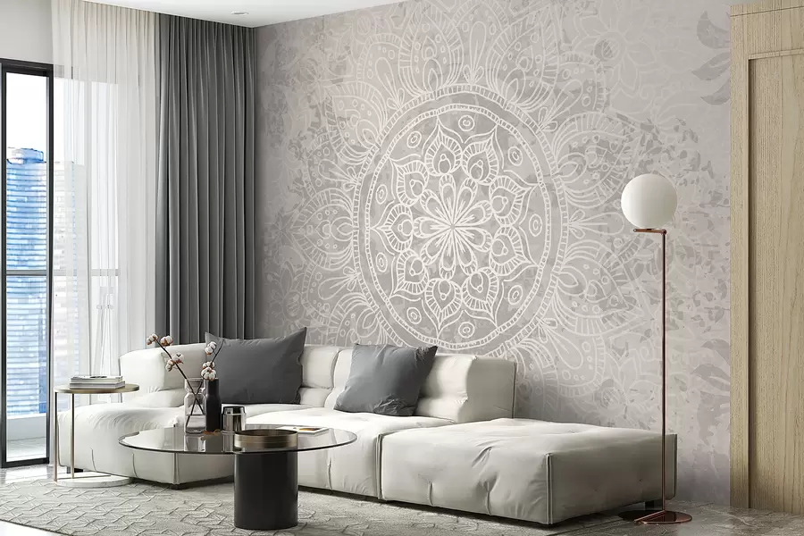 murais de parede Ur patrom mandala gwenn resis war un drekleur kozh gris-sklaer w08246