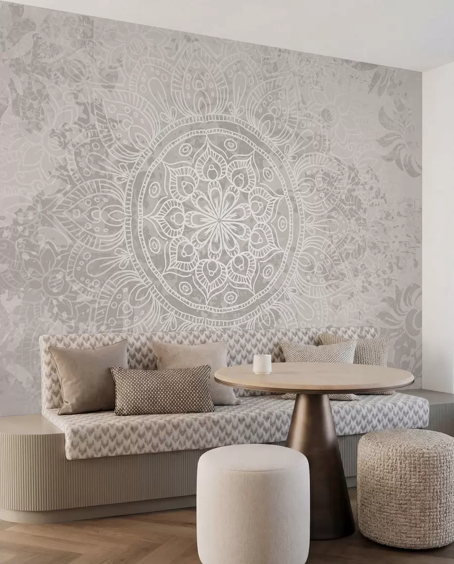 murais de parede Ur patrom mandala gwenn resis war un drekleur kozh gris-sklaer w08246