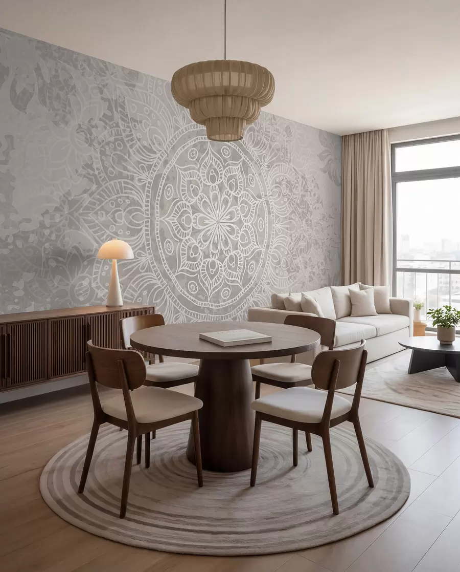 murais de parede Ur patrom mandala gwenn resis war un drekleur kozh gris-sklaer w08246
