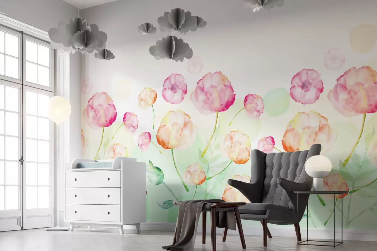 murais de parede tulipennoù ruz-orañjez ha roz en teknik dourlivadur war un dremmwel gwenn gant tachennoù glas w01028