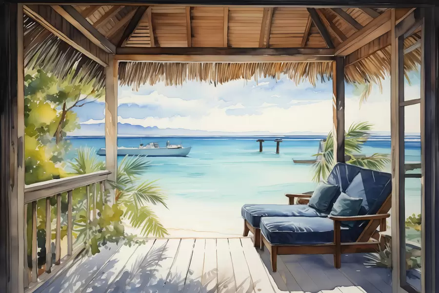 murais de parede Espreguiçadeiras azuis no terraço para relaxar à beira-mar em aquarela w01056