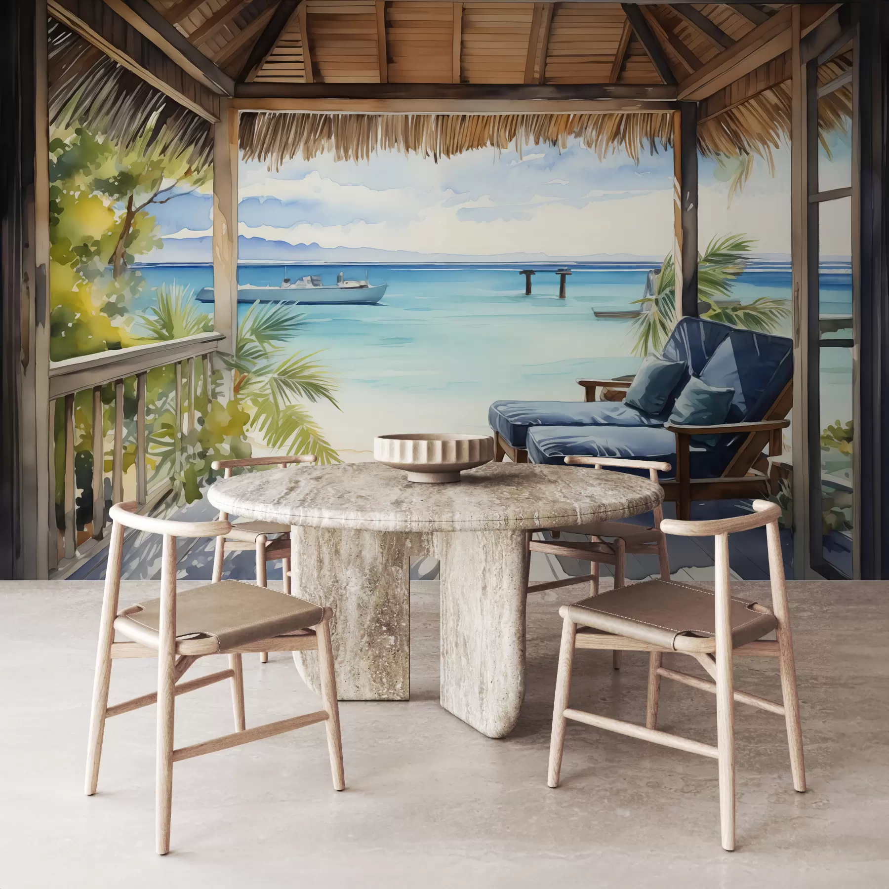 murais de parede Espreguiçadeiras azuis no terraço para relaxar à beira-mar em aquarela w01056
