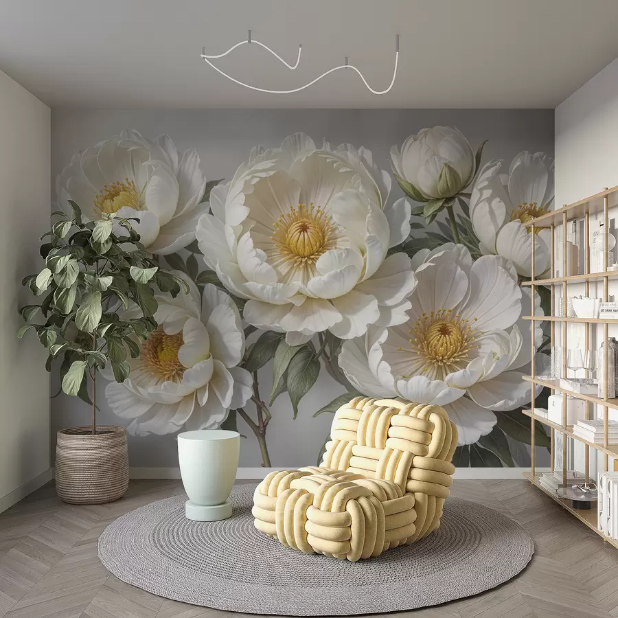murais de parede Pintura branca volumosa de peônias com centros amarelos, cercadas por folhas verdes contra um fundo claro w08249