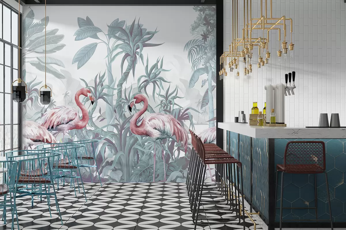murais de parede  Flamingos cor-de-rosa em uma exuberante folhagem tropical com grandes folhas de palmeira e flores em tons de verde e branco w08250v1
